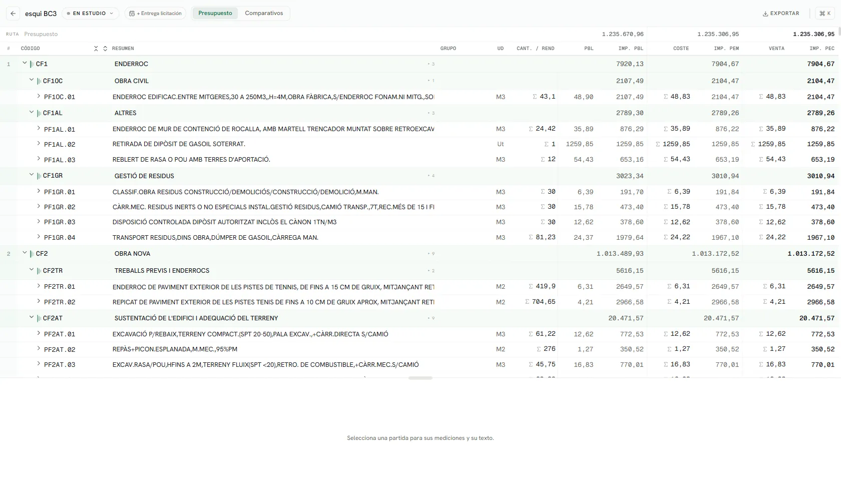 El editor de un estudio: el árbol de capítulos y partidas con las columnas de PBL, coste y venta